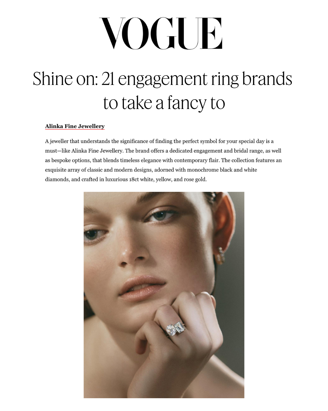 VOGUE Australia editorial featuring ALINKA contemporary engagement rings