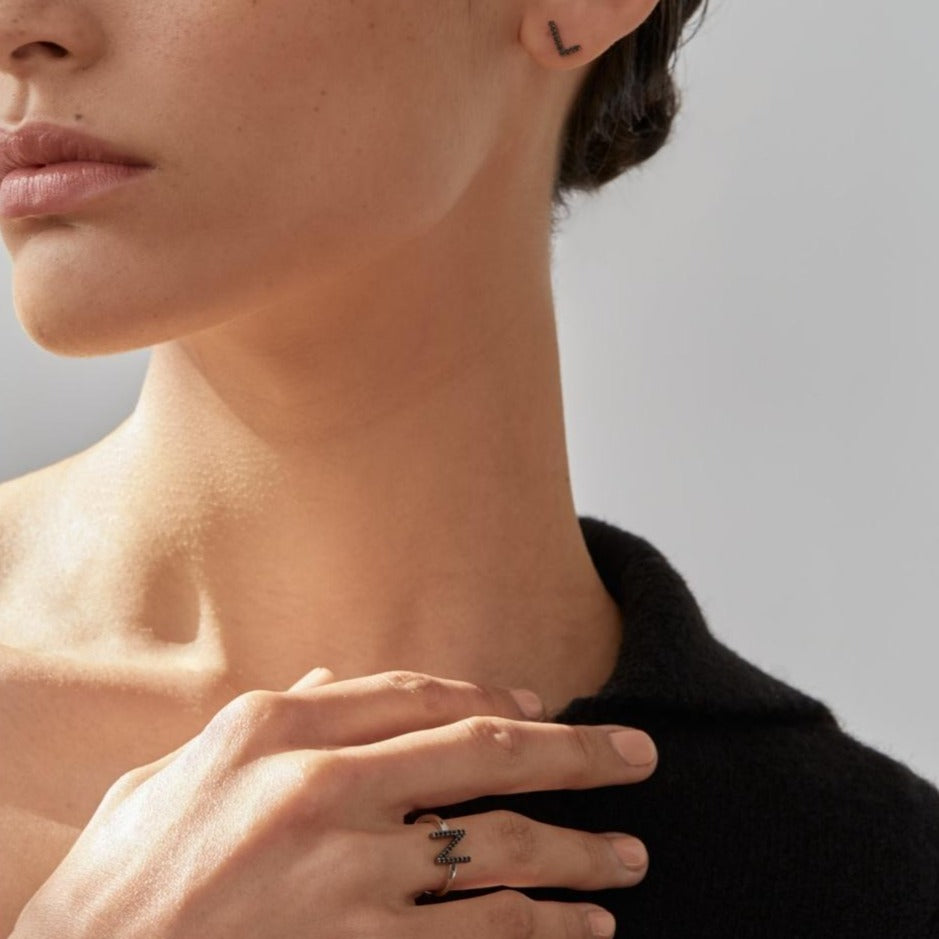 ID Initial Black Diamond Ring