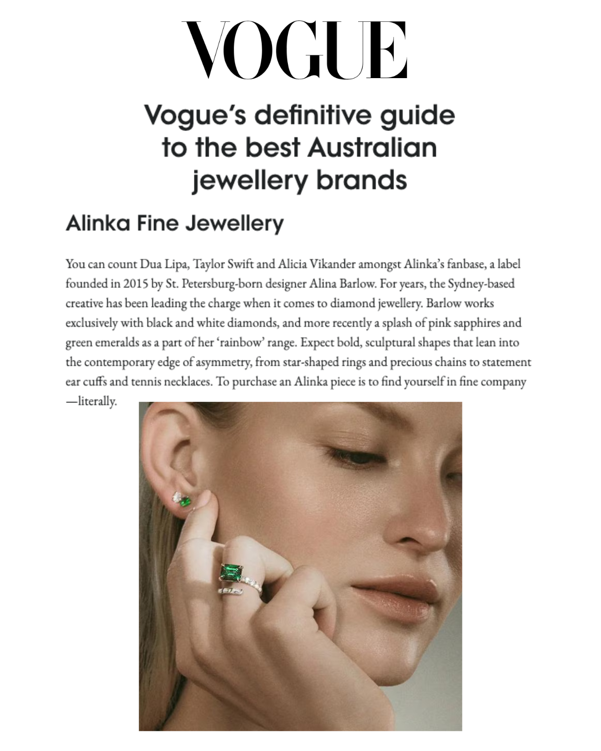 VOGUE Australia Names ALINKA Among the Best Australian Jewellery Brands