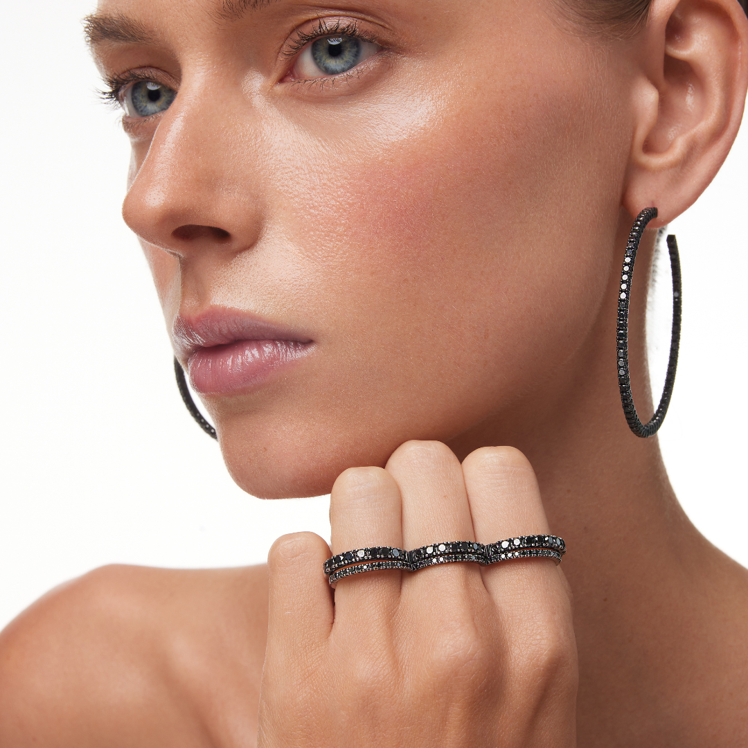 RIVIERA Black Diamond Hoop Earrings Pair