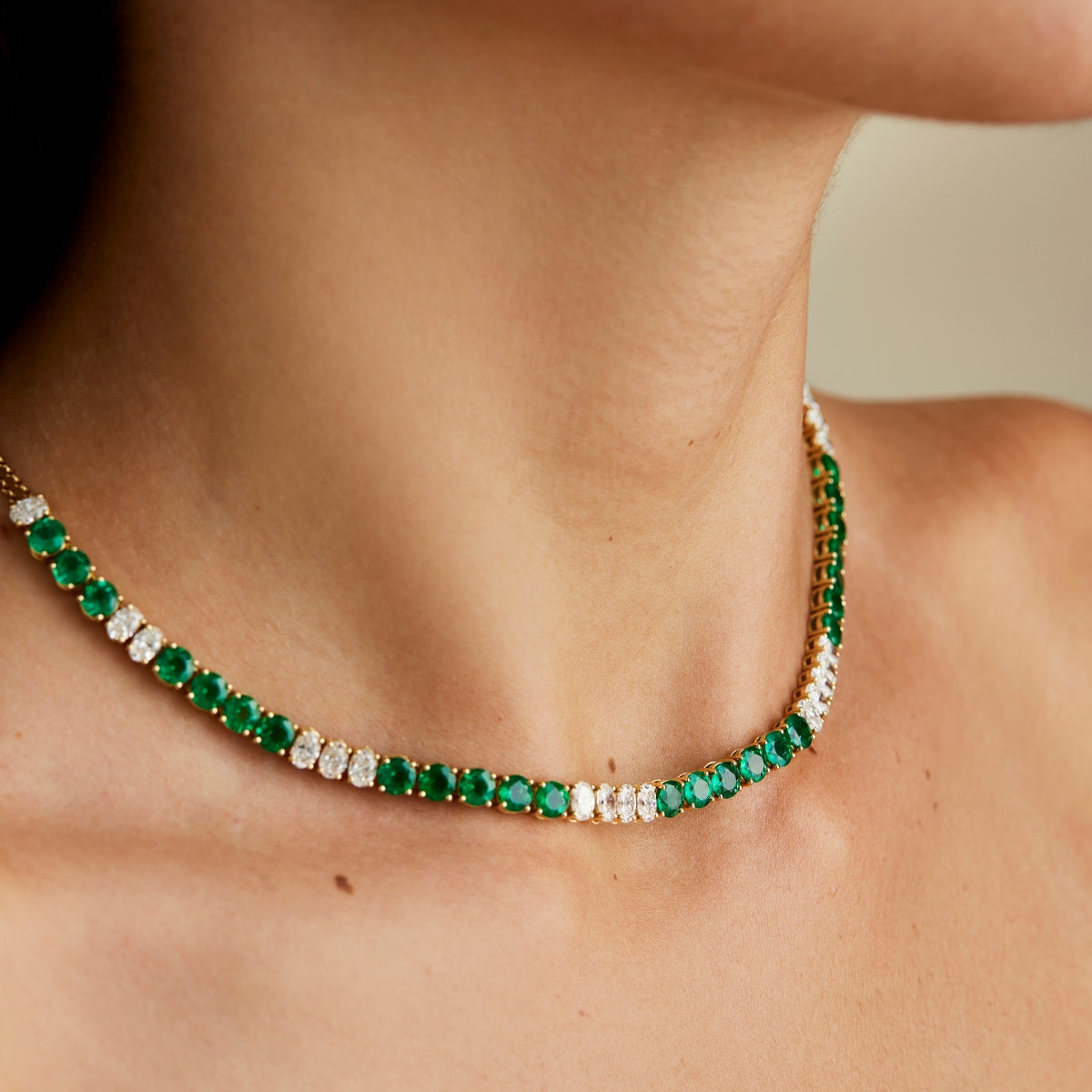 Nigaam 18.5Cttw. Emerald and Diamond Tennis Necklace in 18k White Gold For  Sale at 1stDibs